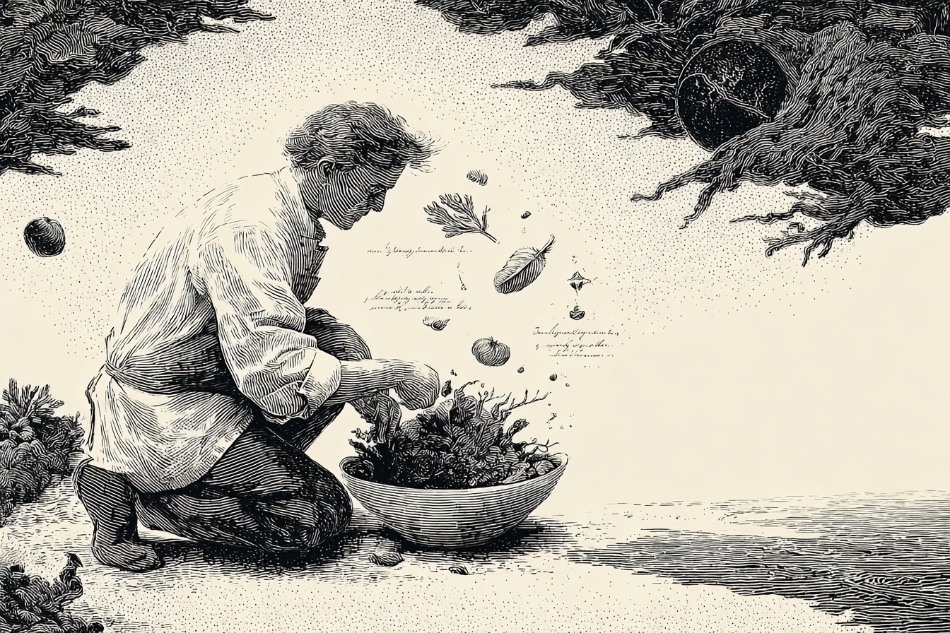 A chef kneeling on a windswept Nordic shore, gathering wild ingredients - vintage botanical illustration